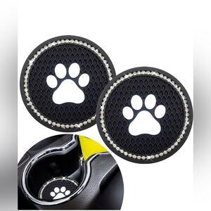 Paw Print Black and White Bling Rhinestone Car Coasters for Cup Holder 2 Pack